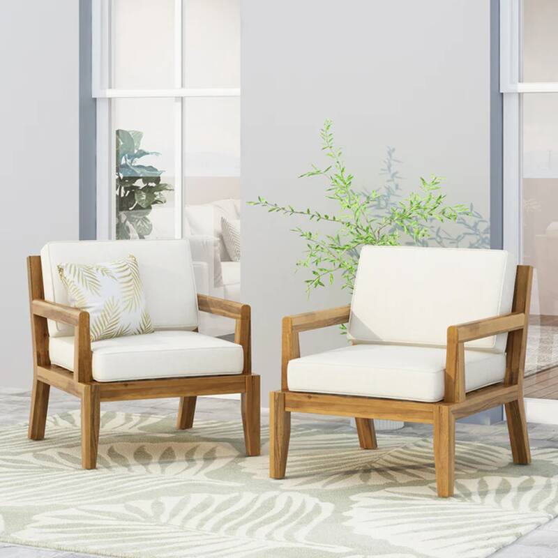 Set of 2, Outdoor Acacia Wood Patio Club Chair, Patio Furniture,Waterproof Thick Cushion Deep Seating