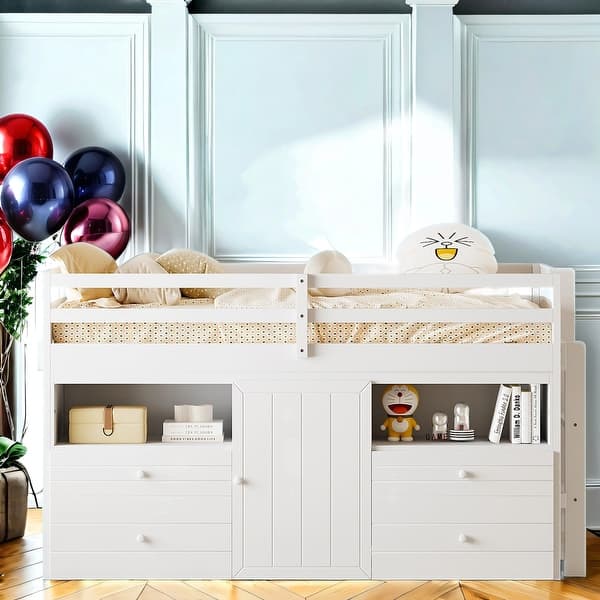slide 2 of 37, Elegant Design Twin Size Loft Bed with 4 Drawers, Underneath Cabinet and Shelves White