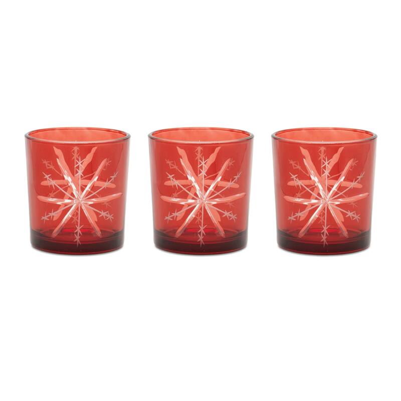 Red Glass Snowflake Candle Holders with Clear Finish for Votive Display Set