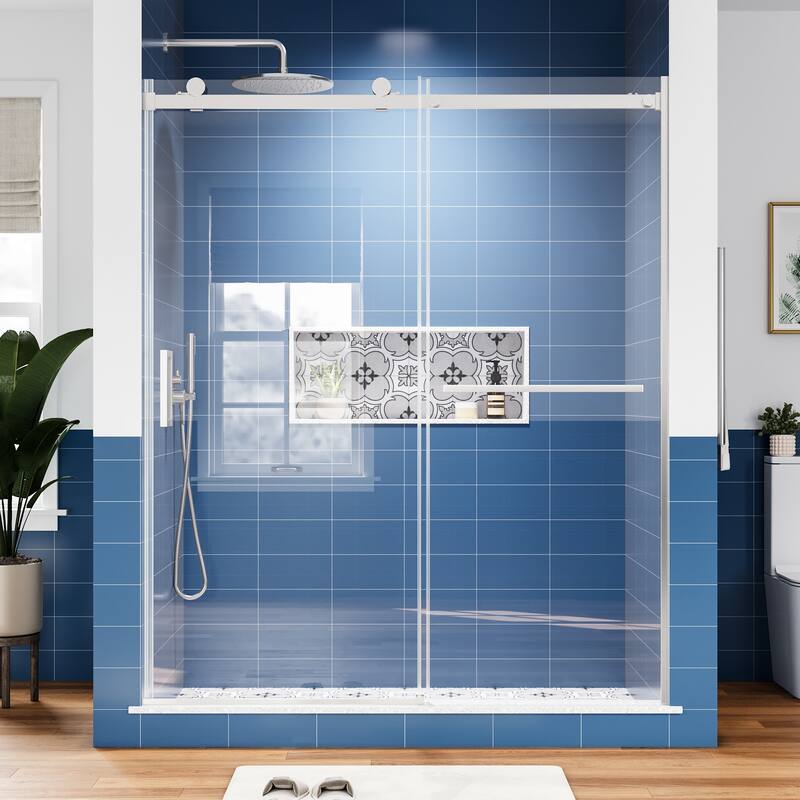 60 in. W x 72 in. H Sliding Semi-Frameless Shower Door with Tempered Glass - 60" x 72" - Brushed Nickel