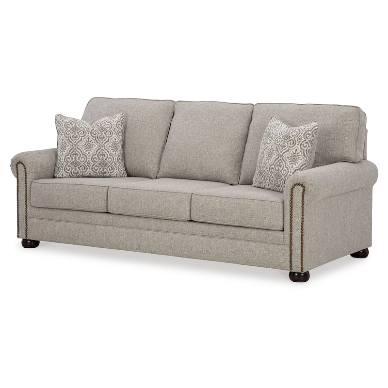 Gael Sofa, Gray Beige Polyester, Dark Brown Nailhead Trim 87 Inch