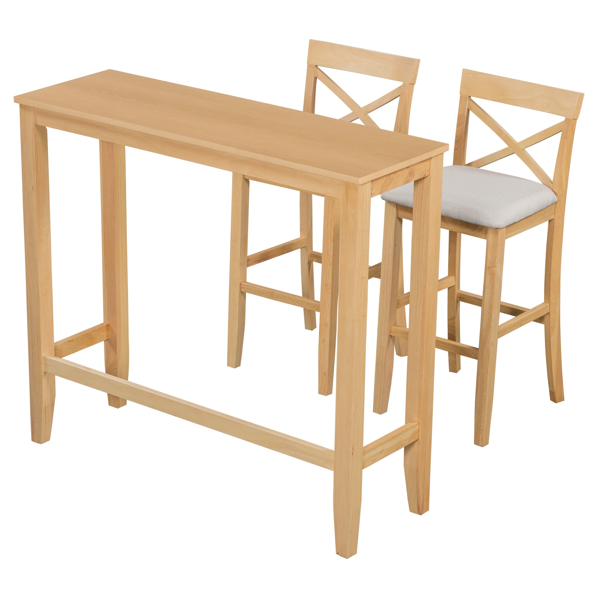 Natural Beige Rectangular Bar Table Coffee Table with Wood Legs, Upholstered Chairs Cross Back Chairs Rustic Dining Set