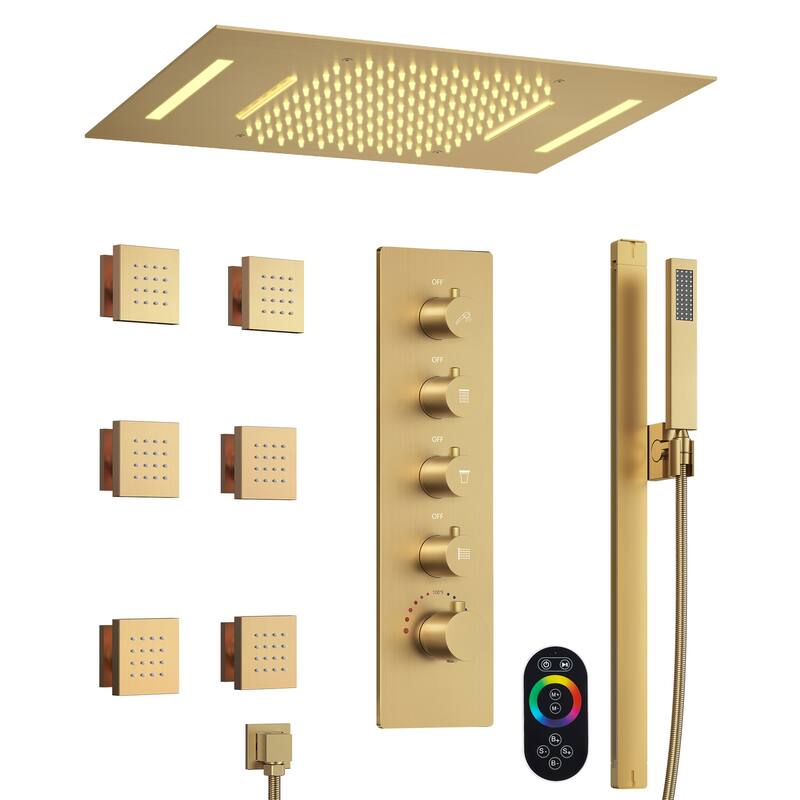 GRANDJOY Luxury Shower Faucets 22" LED Ceiling Mount Rainfall Shower Head System with 6 Body Jets - Brushed Gold