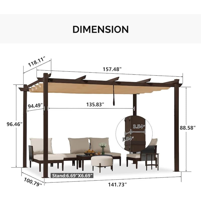 PURPLE LEAF Outdoor Retractable Bronze Metal Pergola w Canopy for Beach Deck Gazebo