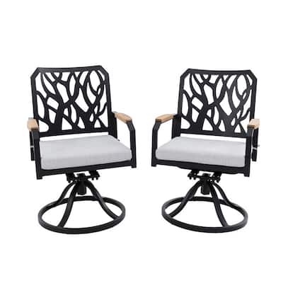 2 Outdoor Patio Aluminum Swivel Rockers: Sunbrella Cushions, Branch-Like Backrests, FSC-Certified Wood Armrests, Bourbon Brown.