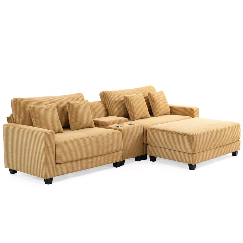Oversized Corduroy Upholstered Sofa with a Removable Ottoman & 4 Pillows - Chinese Rose Yellow