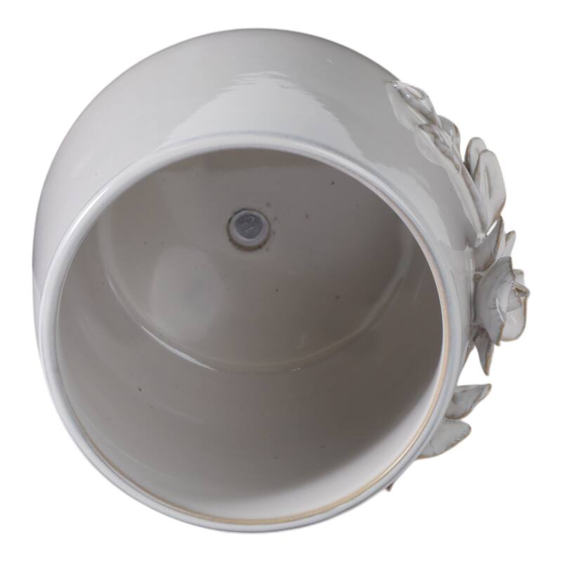 Decorative Ceramic Flower Planter with Flower Applique - Ivory