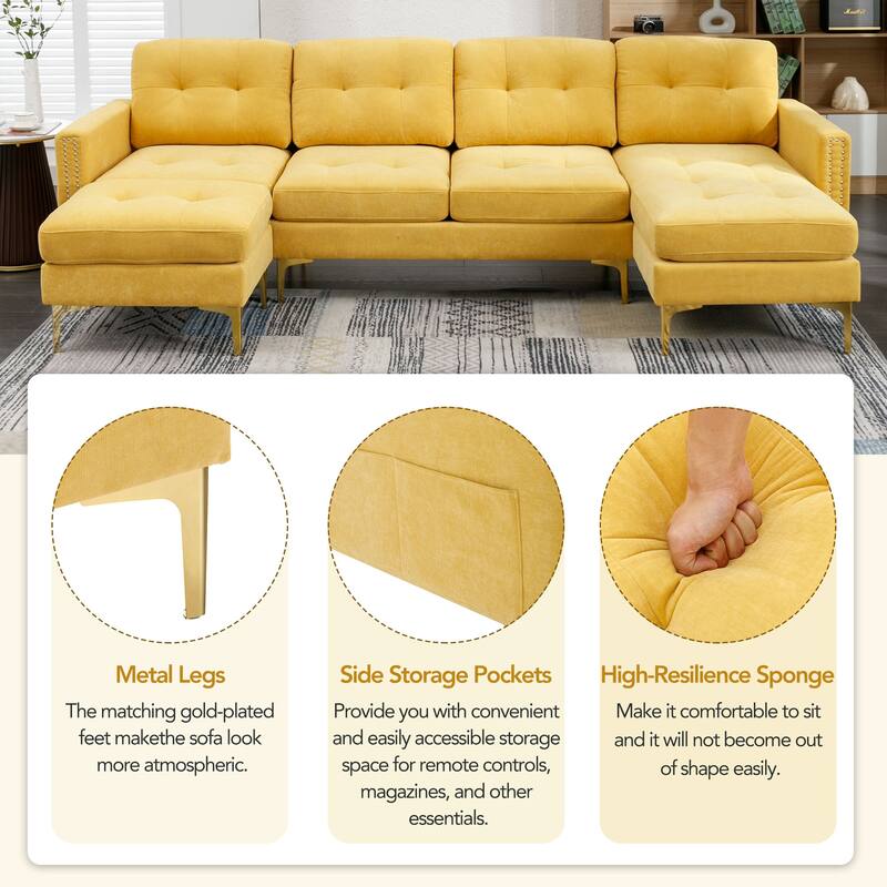 110.6" L-Shaped Convertible Velvet Sectional Sofa with Movable Ottoman and Storage Pockets for Living Room