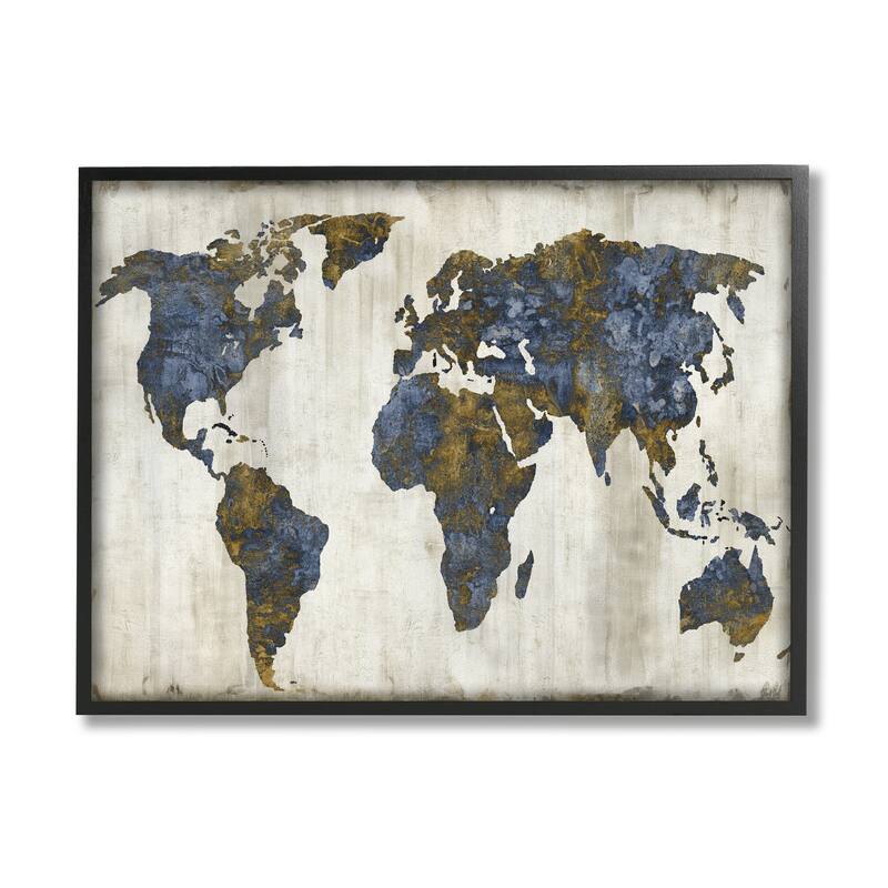 Stupell Gold Blue World Map Design Framed Wall Art - 24 x 30 - Black