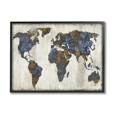 Stupell Gold Blue World Map Design Framed Wall Art