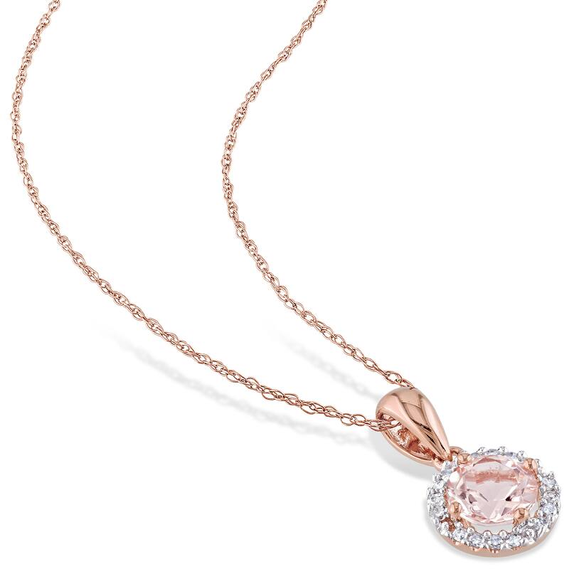 4/5ct TGW Morganite and 1/10ct TDW Diamond Halo Necklace in 10k Rose Gold by Miadora - 16.4 mm x 17 in x 8.9 mm