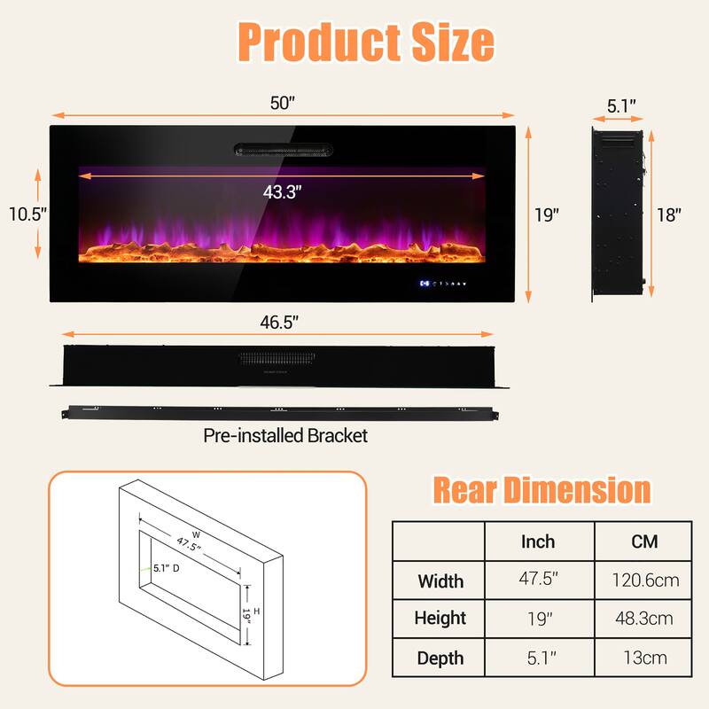 Costway 50''\60'' Electric Fireplace Recessed Wall Mounted Heater