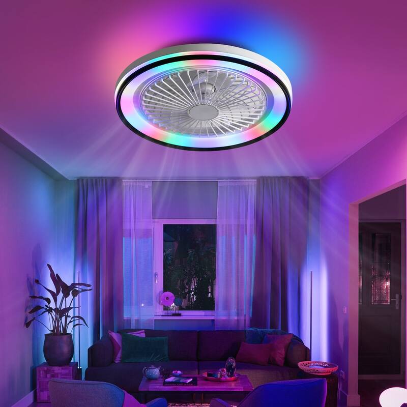 19 Inch RGB Dimmable Led Enclosed Ceiling Fan with Light Flush Mount Bladeless 6 Speed Remote Control for Bedroom Party - White