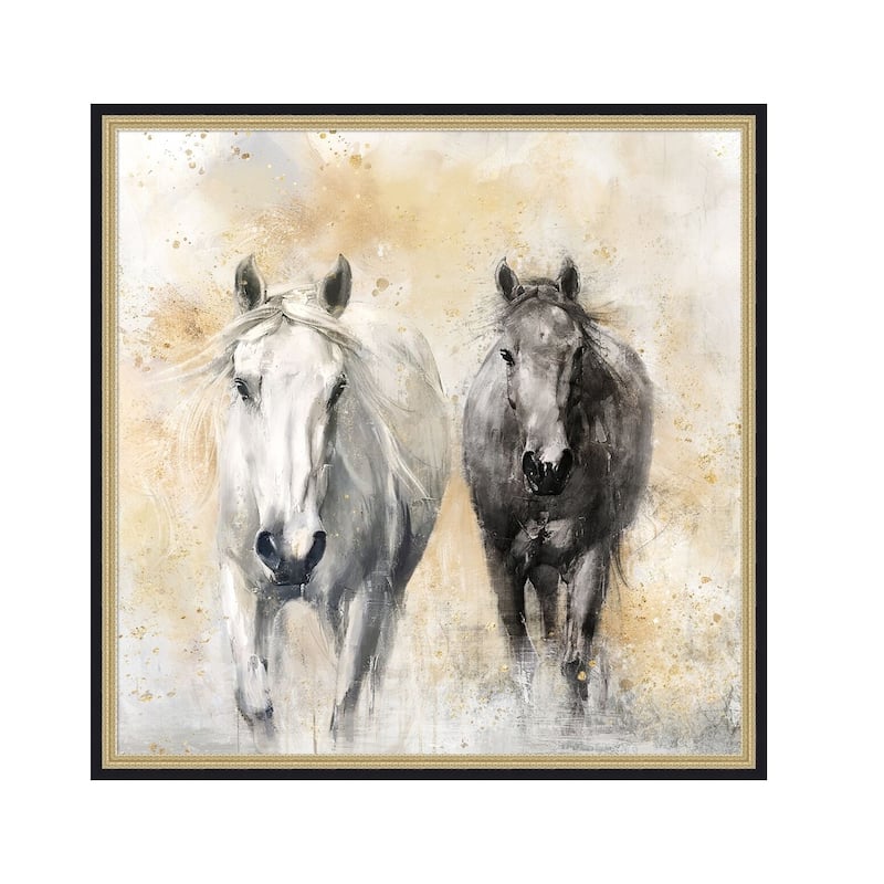 39.4x39.4" Realistic Hand-Painted White and Black Horse Canvas Art with Beige Backdrop - Multicolor