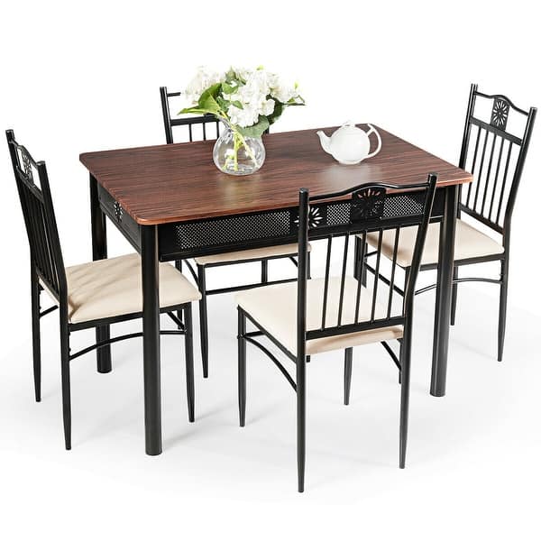 5 Piece Dining Set Wood Metal Table and 4 Chairs Kitchen Breakfast ...