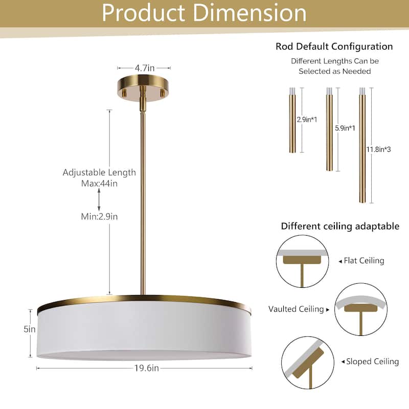 Farmhouse Drum Chandelier Integrate LED Ceiling Pendant w Fabric Shade