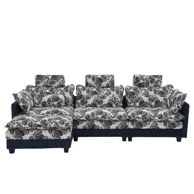 Blue Chenille Sectional Sofa with Floral Fabric, 4-Seater L-Shaped Couch with Adjustable Headrests, Pillows, and Chaise Lounge