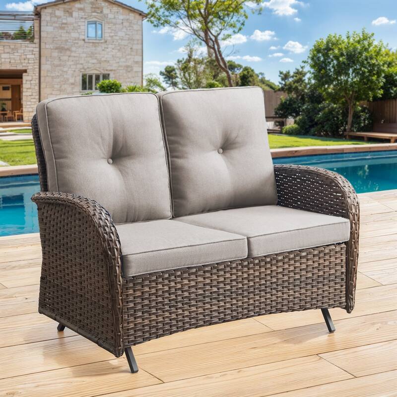 Gymojoy Stylish Patio Loveseat Glider Sofa with Cushions - 1-Piece - Brown Wicker / Beige Cushion