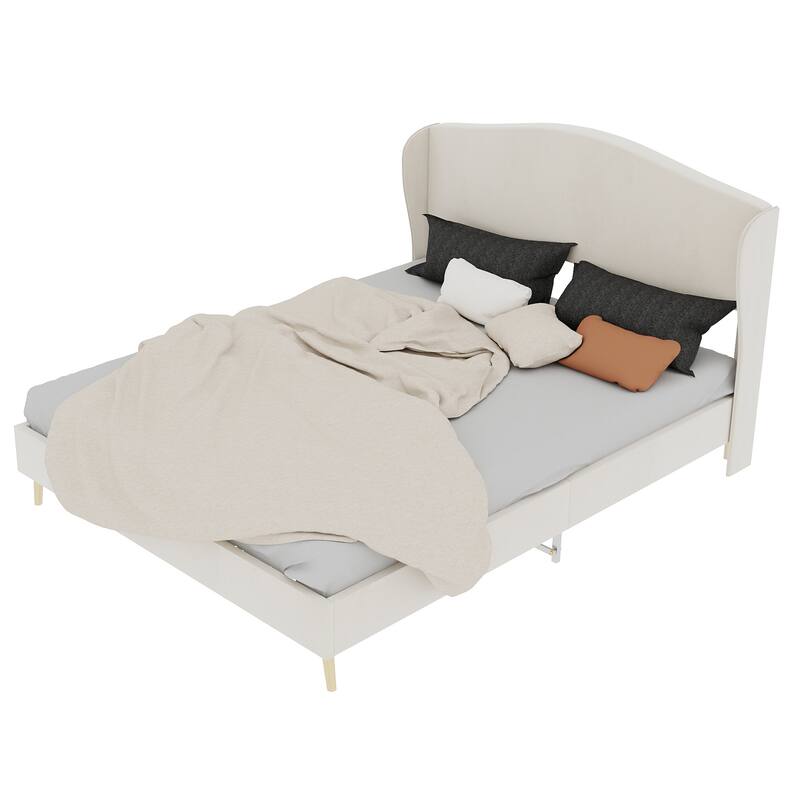 Queen Beige Upholstered Platform Bed Frame with Headboard for Bedroom