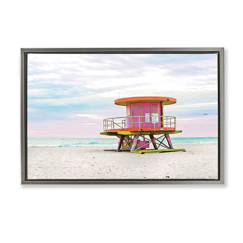 Stupell Lifeguard Hut with Pastel Sky Framed Floater Canvas Wall Art Design By Seven Trees Design - 31 x 21 - Grey