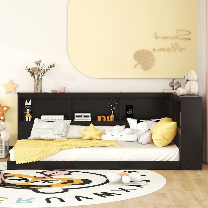 Espresso Wood Twin Size Daybed with Storage Cabinets and USB Ports - Espresso