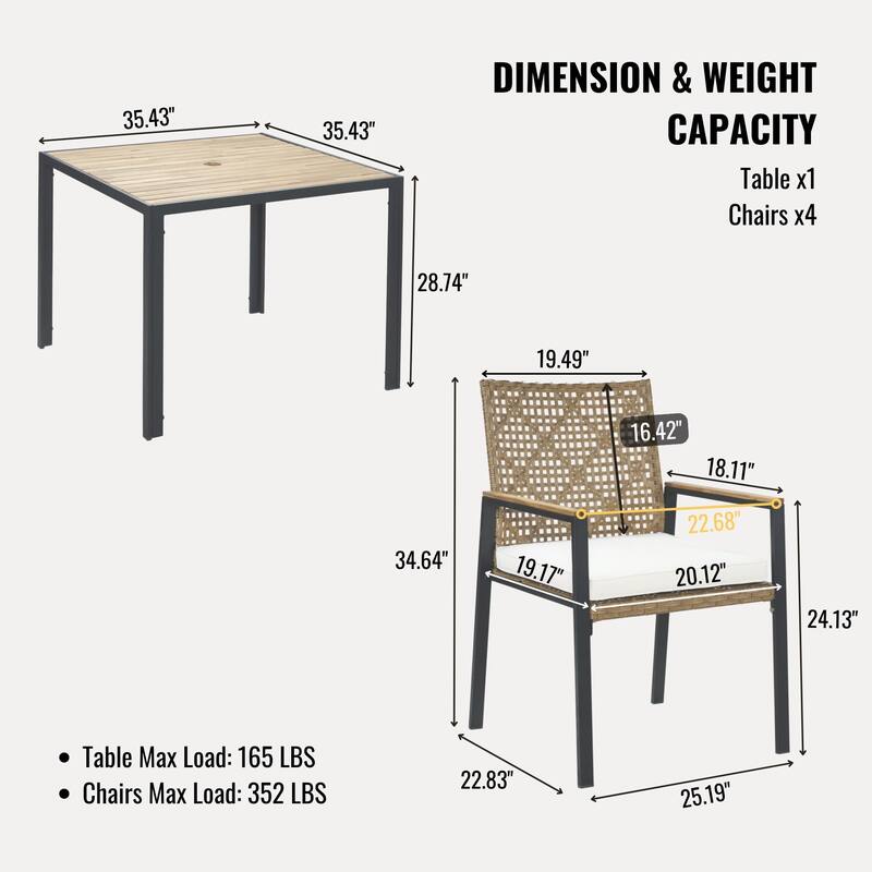 All Weather 5-Piece Patio Dining Table Sets, Patio Conversation Set Acacia Wood Table Top with Umbrella Hole, Rattan Outdoor