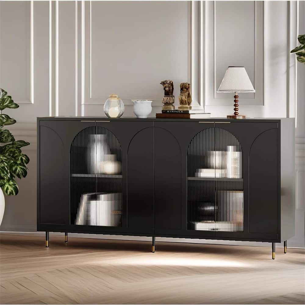 Accent Cabinet Black Lacquered Wooden Cabinet w/ 4 Glass Doors Buffet