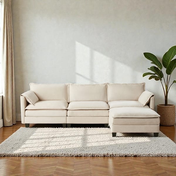 slide 2 of 15, L-Shaped Corduroy Corner Sofa with Storage Armrest Cushions, Modular Cloud Sofa, 3-Seat Sectional Beige