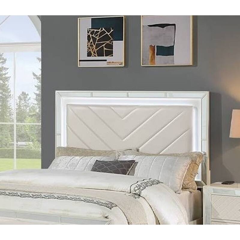 Transitional Style 1pc Bed Set Upholstered Headboard And Footboard LED Lights Cream Finish Bedroom Furniture