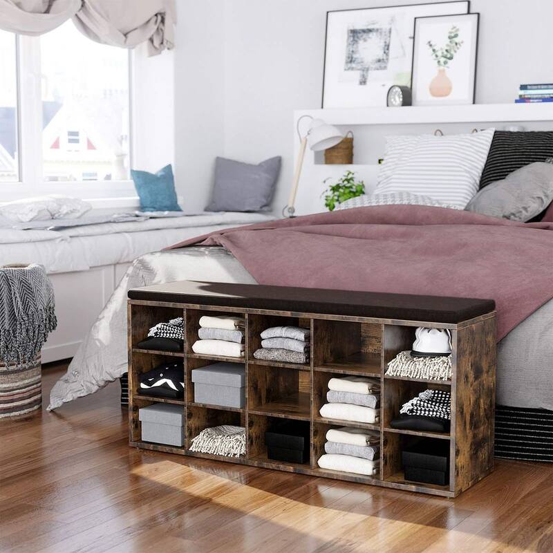 15-Cube Shoe Storage Bench with Cushion Seat and Adjustable Shelves Perfect for Entryway or Living Room