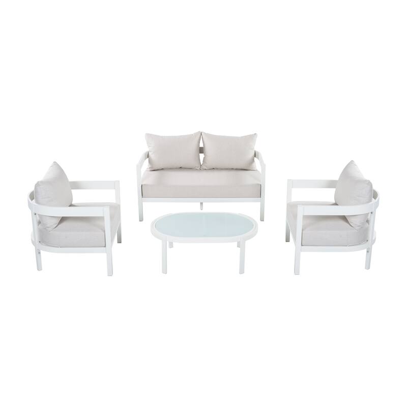 Christopher Knight Home - Modern 4-Piece Outdoor Aluminum Patio Conversation Set with Oval Glass Coffee Table & Thick Cushions