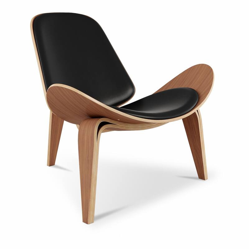 HomeRoots 36" Black And Wood Brown Genuine Leather Lounge Chair - 36' X '30' X '33