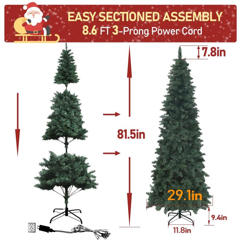 VEIKOUS Pre-Lit Artificial Christmas Tree Pencil Snow with Foldable Iron Stand with LED lights, 5.5/6.5/7.5 ft