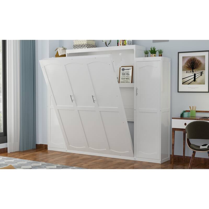 Wooden Full Wall Bed with 2 Wardrobe and Storage Shelf
