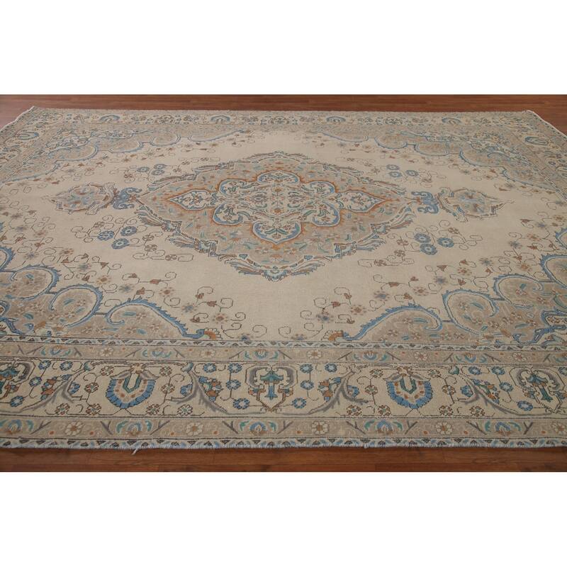 Hand Knotted Oriental 100% Wool Carpet Traditional Medallion Beige & Ivories Tabriz Area Rug - 13' 0'' X 9' 7''