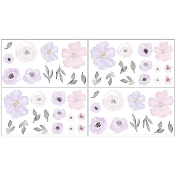 Sweet Jojo Designs Lavender Purple Pink Grey Watercolor Floral Wall Decal Stickers Art Nursery Decor (Set Of 4) - Rose Flower - Overstock - 29343585