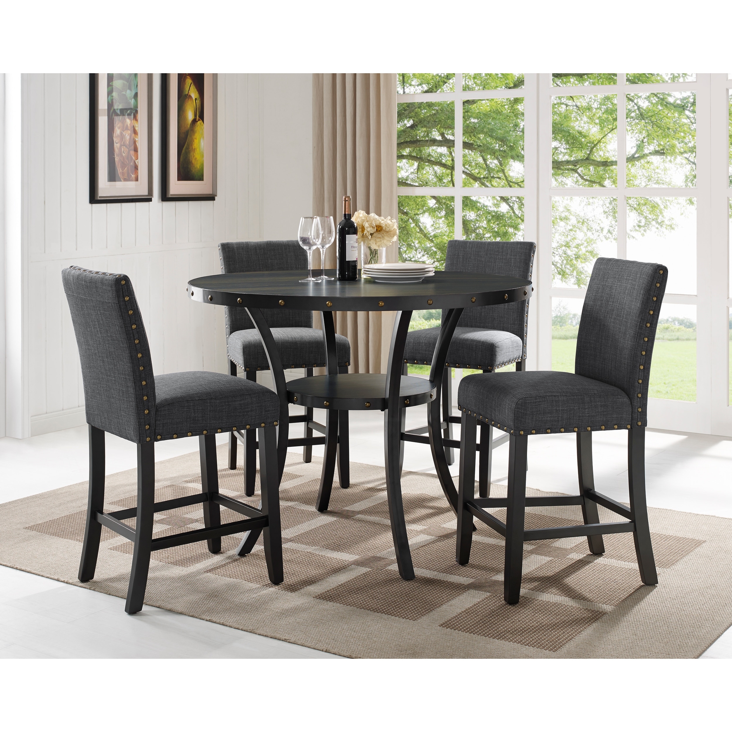 Modern 5-Piece Counter Height Set with Shelf & 4 Upholstered Stools