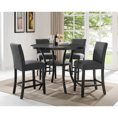 Modern Style 5-Piece Counter Height Dining Table Set with Shelf and 4 Upholstered Stools, Nailhead Design