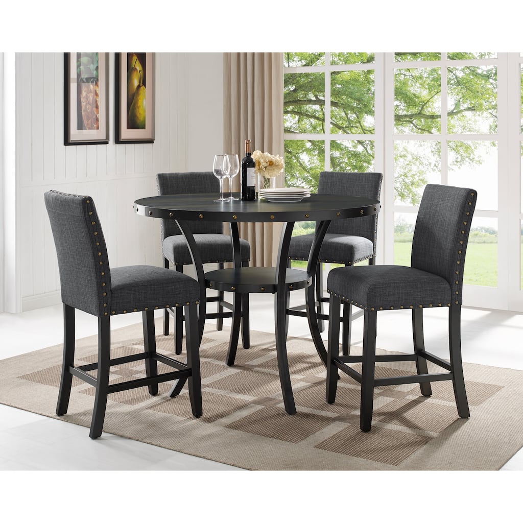 Modern Style 5-Piece Counter Height Dining Table Set with Shelf and 4 Upholstered Stools, Nailhead Design