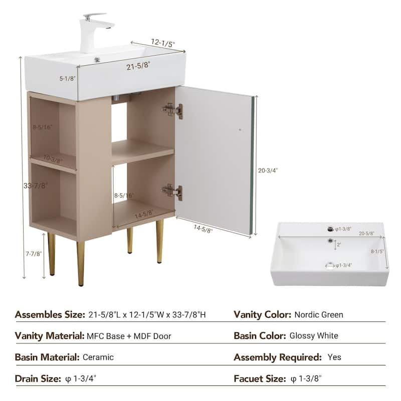 Open-shelving Bathroom Vanity with Ceramic Sink and Soft-Closing Door, Cloakroom Open Shelf Storage Cabinet on the Left Side