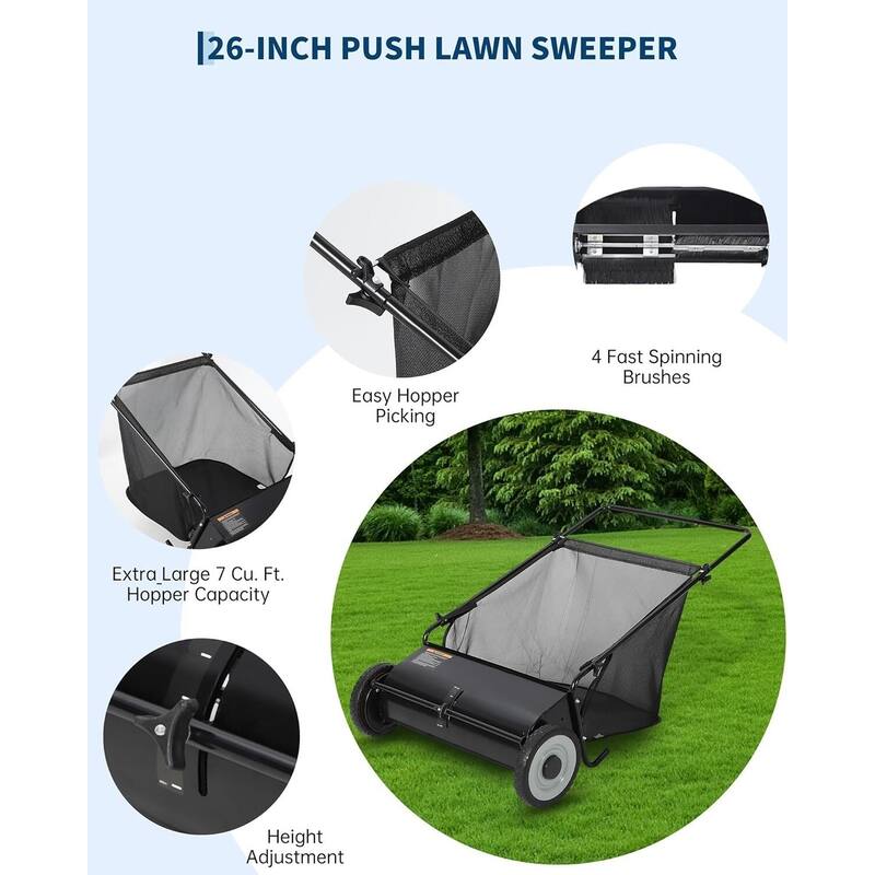 26 in Push Lawn Sweeper for All Terrains 7 cu. ft. Collection Bag 4 Brushes and Adjustable Height