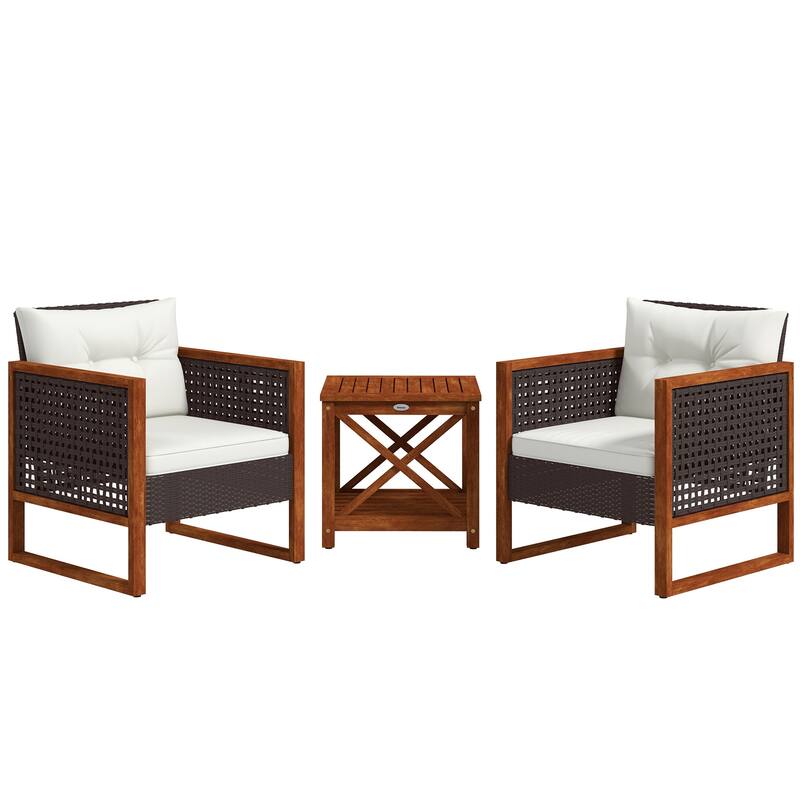 3 Pieces Patio Bistro Set Wooden with Cushions, PE Wicker Patio Furniture Outdoor for Porch, Backyard, Garden