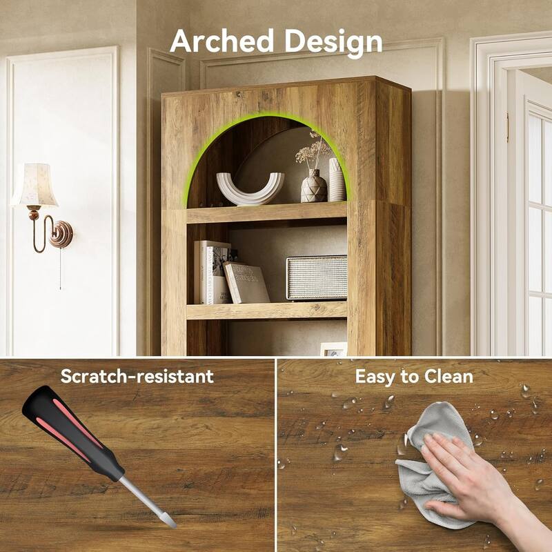 5-Tier Arched Bookshelf, 70.8 Inches Modern Wooden Bookcase with Storage - 31.5" W x 11.8" D x 70.8" H