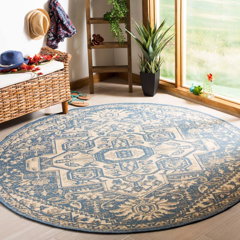 SAFAVIEH Linden Ludmyla Indoor/ Outdoor Waterproof Patio Backyard Rug - 6'7" Round - Cream/Blue