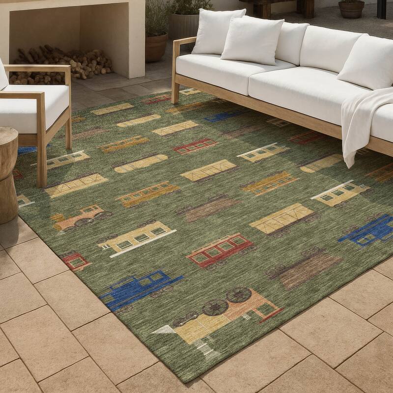 Machine Washable Indoor/ Outdoor Modern Train Chantille Rug - Olive - 2'6" x 3'10"