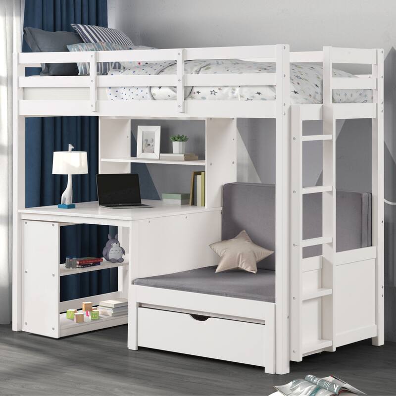 Furniture of America Aurelian Modern Twin 4-in-1 White Solid Pinewood Loft Bed with Bookcase, Desk and Convertible Bench