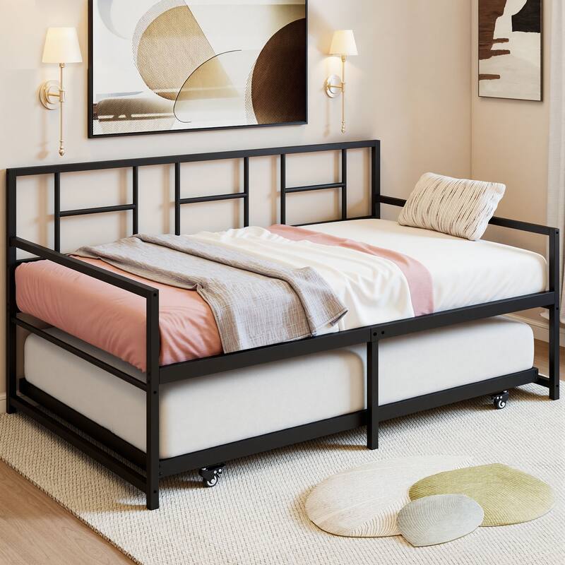 Moasis Twin Daybed with Pull Out Trundle, Metal Trundle Bed