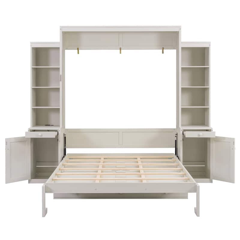 Foldable Murphy Bed Queen Size Wooden Wall Bed Framen with Built-in Desk, Top Lights, Open Shelves, Storage Drawers and Cabinets