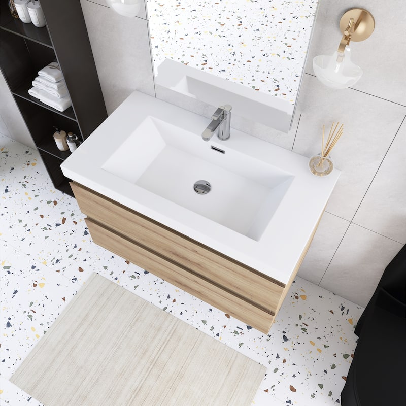 Angela Wall Mounted Bathroom Vanity in F. Oak with White Cultured Marble Top