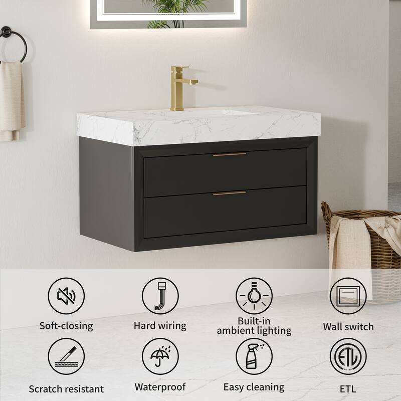 Modland 36/48/60 Inch Black Floating Bathroom Vanity with ETL LED Lights & Soft-Close Drawers, Waterproof Rubberwood